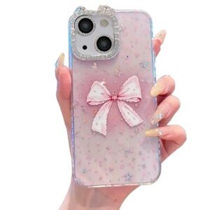 Cute Sparkling Bow Pattern Camera Protection Back Cover Case for Women Girls | iPhone 15,Pink