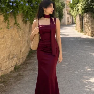 Square Neck Bodycon Sleeveless Midi Dress in Maroon