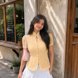 Mandarin Collar Lace Button Front Top in Vanilla (Copy)