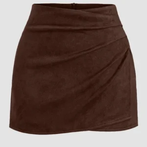 High-Waist Draped Wrap Mini Skirt in Brown